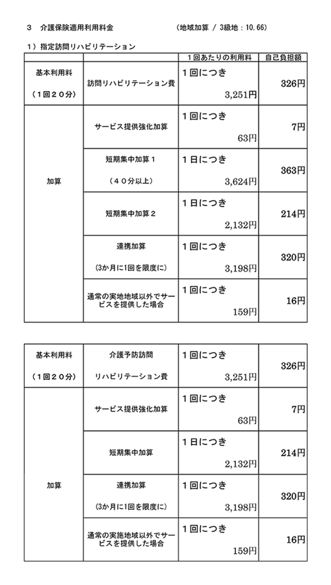 訪問リハビリテーション料金表